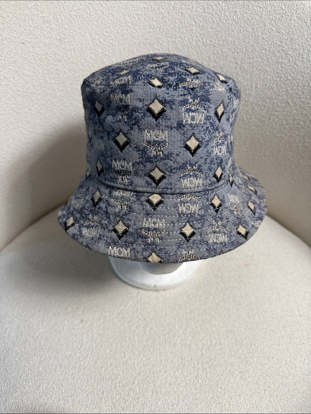 MCM Denim-Look Jacquard Bucket Hat with Cream & Black Motif